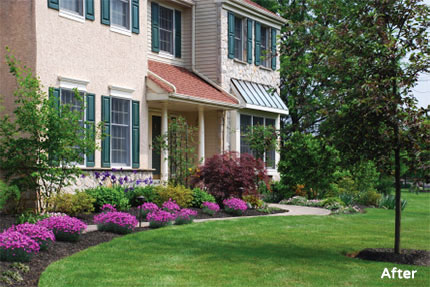 Front of the same house after the GLDesigns renovation, with new plantings framing the entry